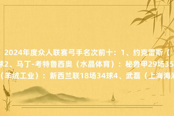 2024年度众人联赛弓手名次前十：1、约克雷斯（葡体）：葡超34场36球2、马丁-考特鲁西奥（水晶体育）：秘鲁甲29场35球3、加尔班-考夫兰（羊绒工业）：新西兰联18场34球4、武磊（上海海港）：中超30场34球5、土井智之（芽笼国外）：新加坡超20场33球6、哈维尔-加约索（金边金冠）：柬埔超24场32球7、吉列尔梅-比索利（武里南联）：泰超29场30球8、亚历克斯-阿尔塞（基多大学）：厄瓜多尔甲36场30球9、凯恩（拜仁慕尼黑）：德甲30场29球10、亚历克斯-塔姆（卡里鲁）：爱沙尼亚甲35场28球体育赛事直播